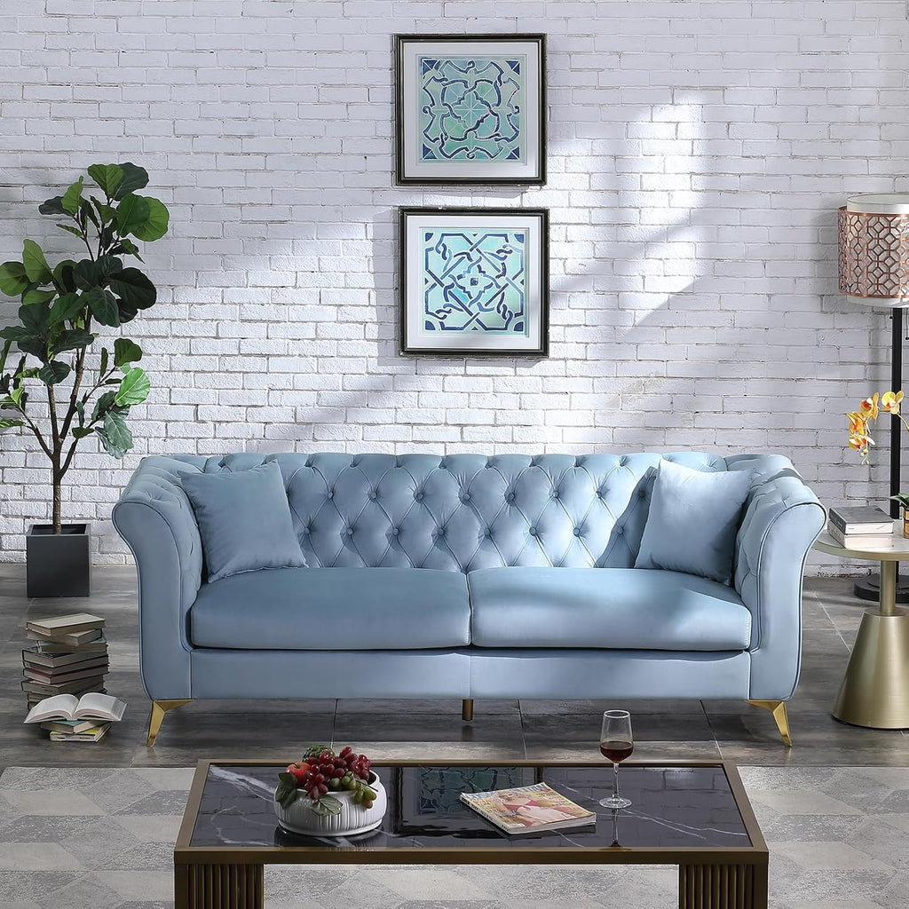 Chesterfield Sofa Couch, 87" Blue Modern Couch with Deep Seats, Velvet Fabric Comfy Sofas, Mid-Century 3 Seater Couch with Wide Armrest, Couches for Living Room, Bedroom and Office