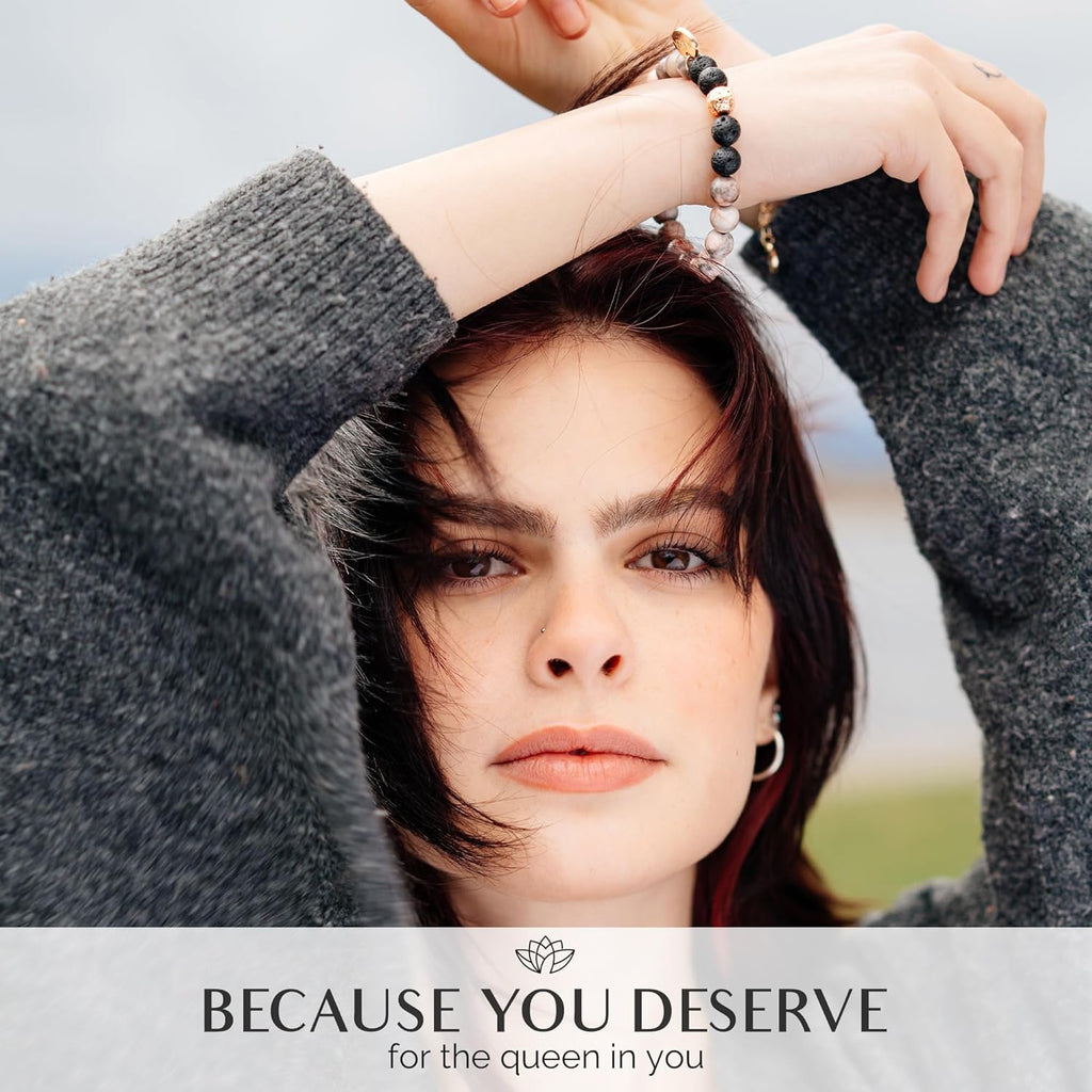 Lava Rock Beaded Diffuser Bracelet for Women with Lavender Essential Oil, 18K Gold-Plated Charm Soothing Crystal Beads Boho Stretch Bracelet for Aromatherapy, Birthday and Valentine’s Day Gift for Her