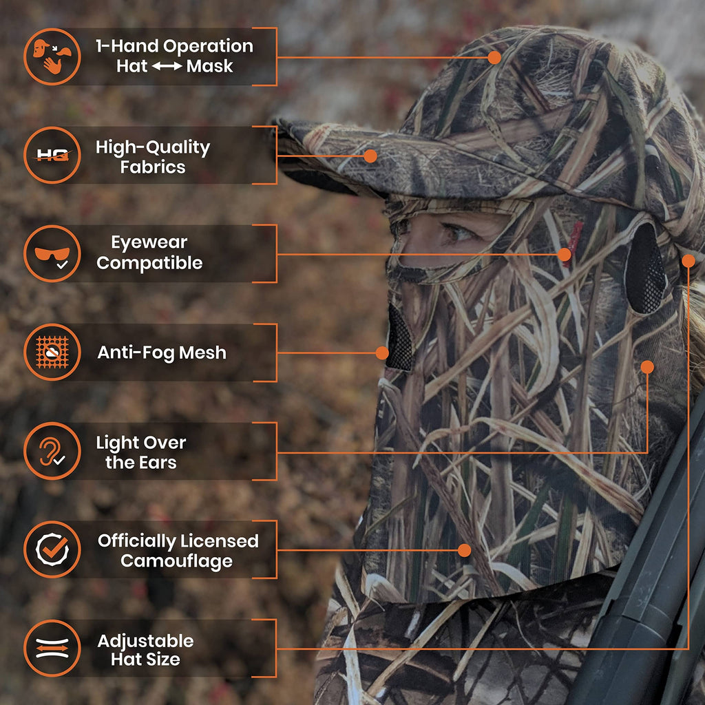 QuikCamo Mossy Oak Shadow Grass Blades Camo Hat with Built-in Face Mask for Duck Hunting (Adj Velcro Closure)