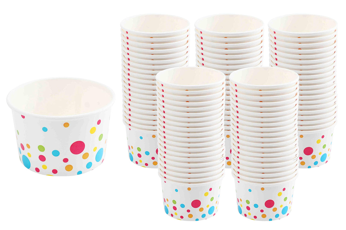GSM Marken Papier-Eisbecher (Punkte-Design) - 100 Stück - 8 oz Einweg-Dessertschalen für heiße oder kalte Speisen, 8-Unzen Partybedarf Becher für Eisbecher, gefrorenen Joghurt, Suppe, Weiß