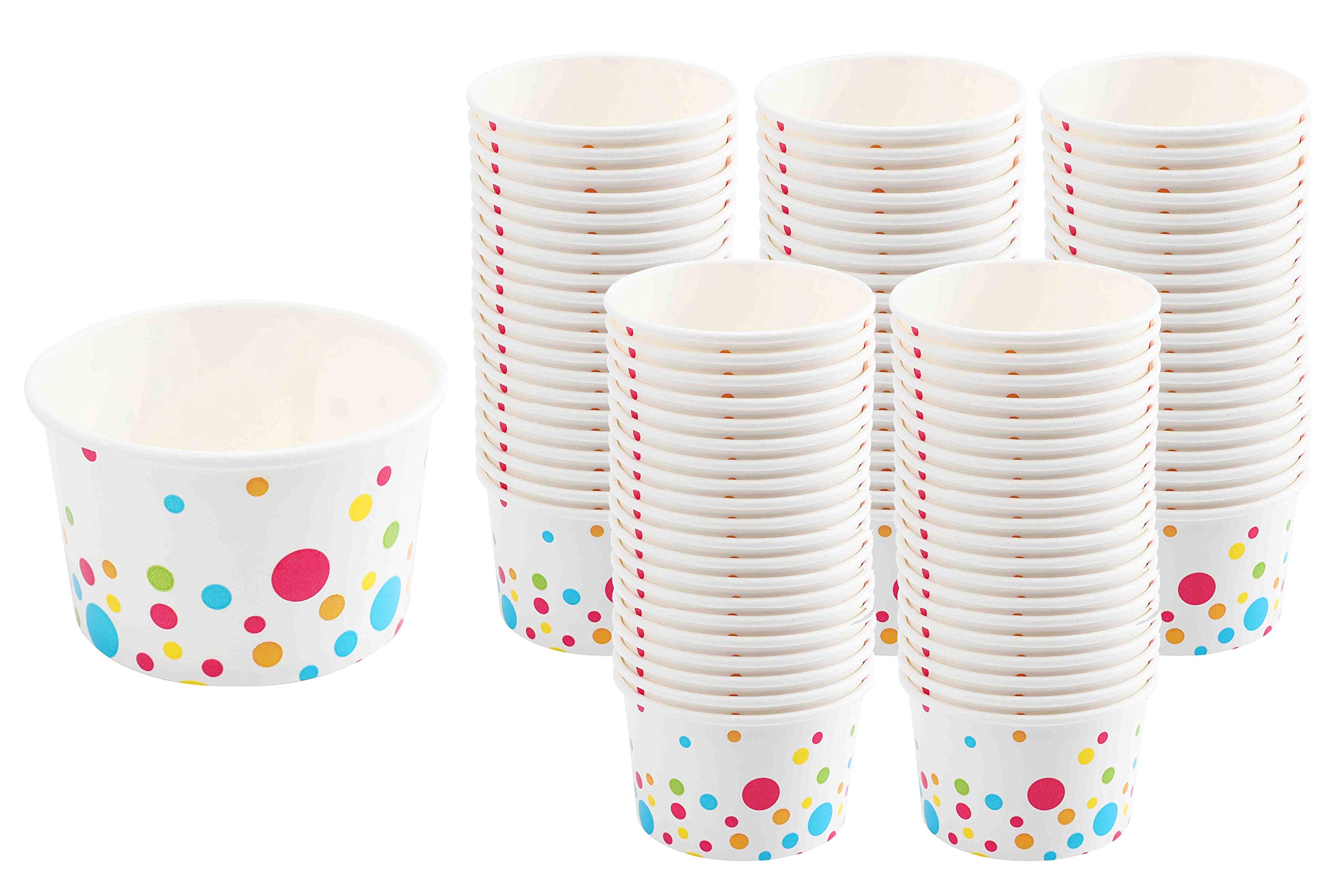 GSM Marken Papier-Eisbecher (Punkte-Design) - 100 Stück - 8 oz Einweg-Dessertschalen für heiße oder kalte Speisen, 8-Unzen Partybedarf Becher für Eisbecher, gefrorenen Joghurt, Suppe, Weiß