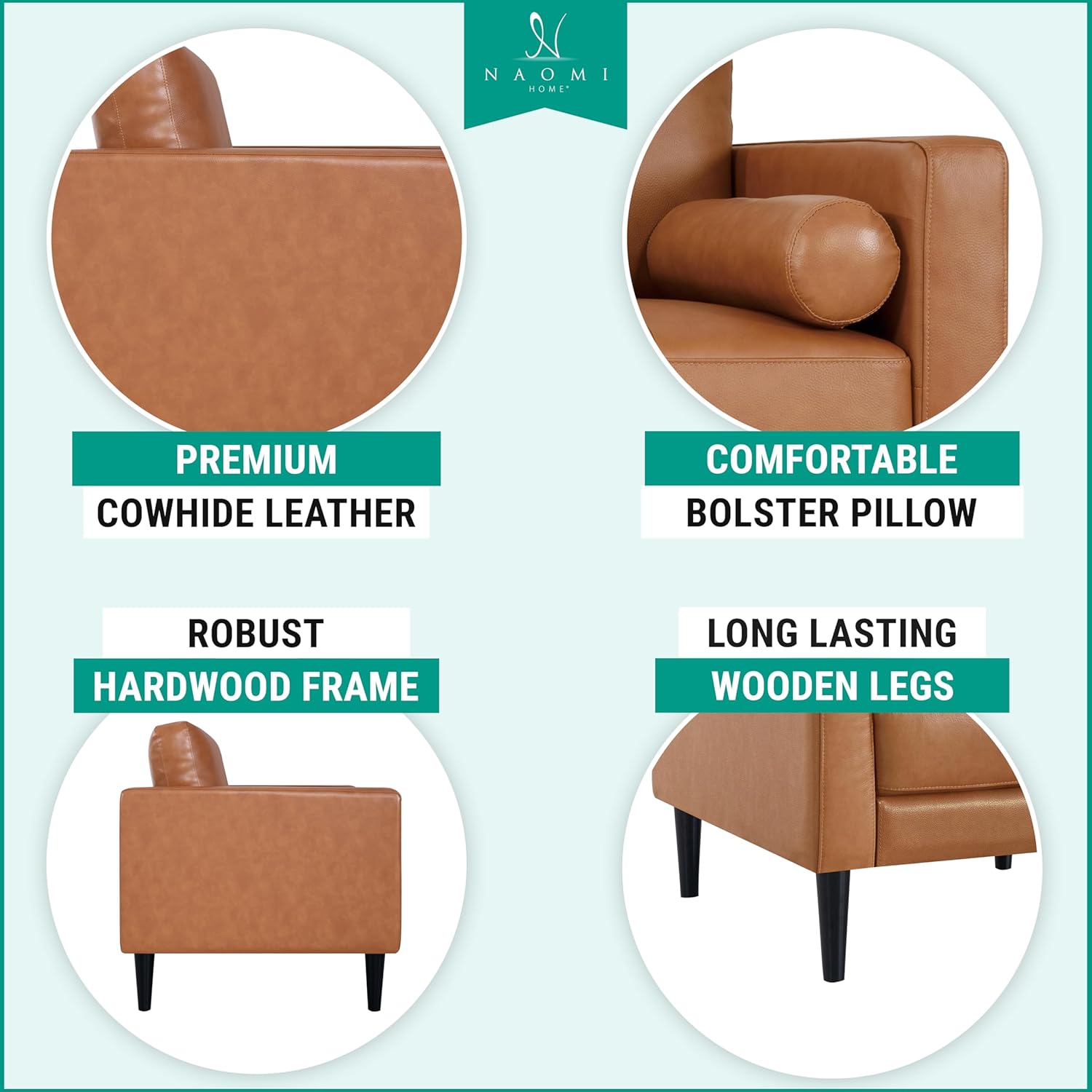 Naomi Home Marisa Genuine Leather 3 Piece Sofa Set - Revel in Exquisite Leather Opulence - Unparalleled Luxury Mid-Century 3 Piece Sofa Set- Embodiment of Cozy Lounging,Contemporary Design,Tan