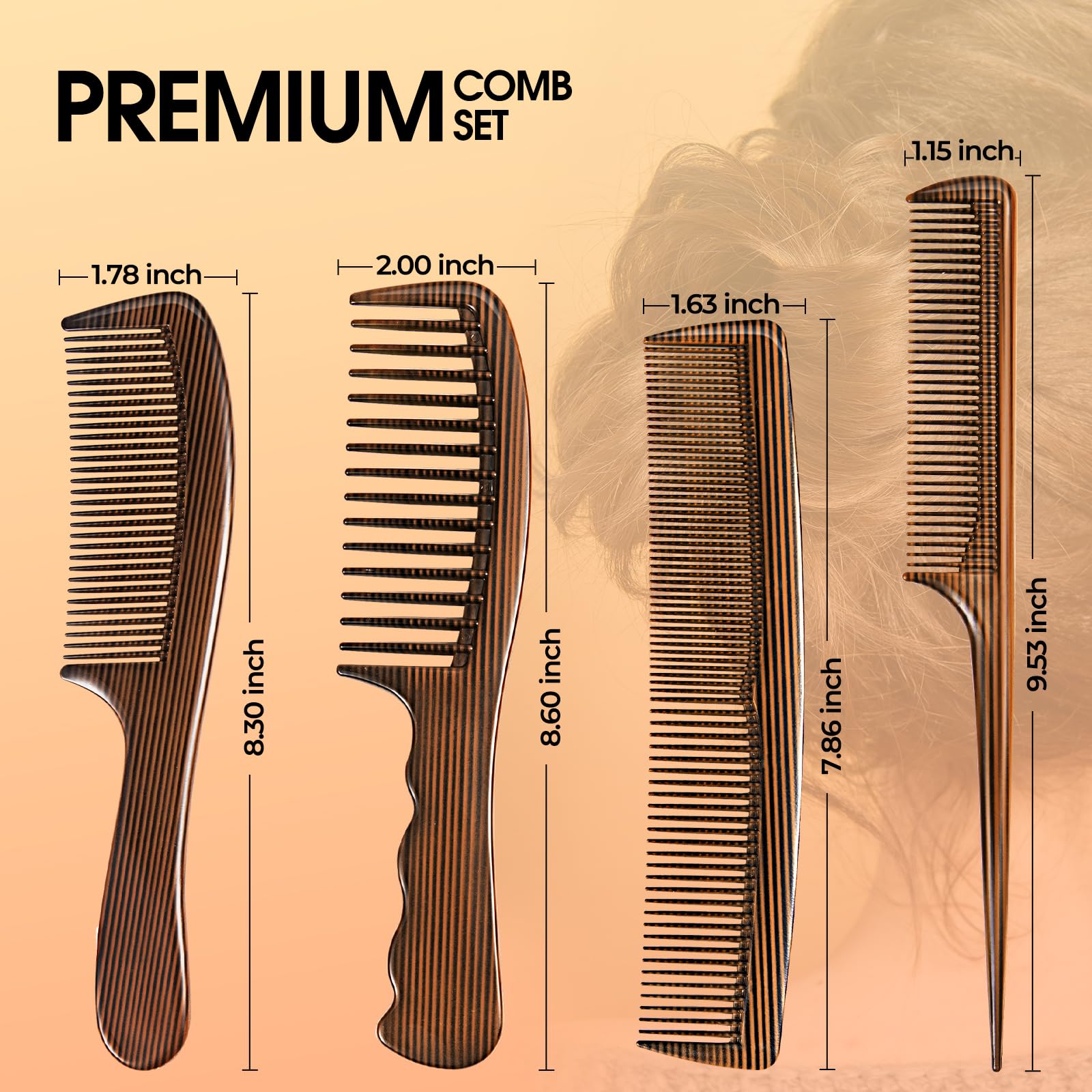 4 Piece Combs with Wooden Grain,Wide tooth Comb,Rat Tail Comb,Beard Combs,Fine Tooth Professional Hair Comb Set for Women,Men Barber Styling/Curly/Teasing/Parting/Mustache