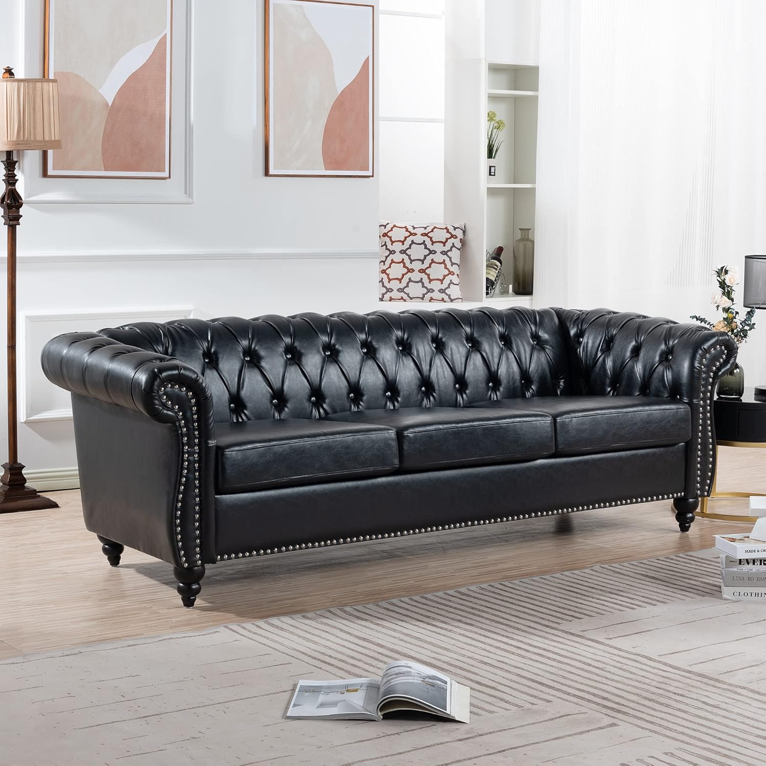 Chesterfield PU Leather Sofa, Upholstered PU Sofa with Tufted Back, Classic 3 Seater Leather Couch Rolled Arm for Living Room Office, Black