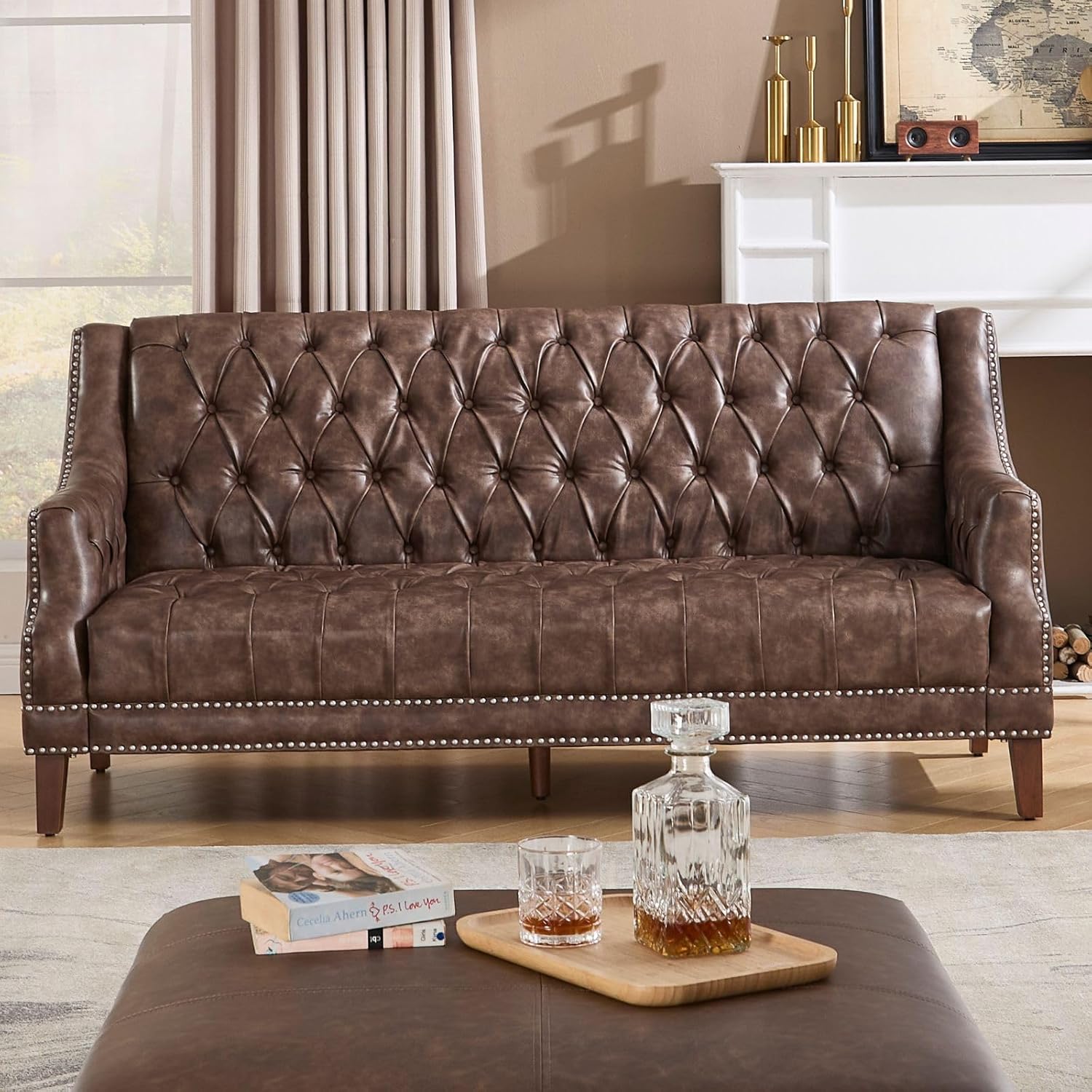 Faux Leather Sofa Couch, Button-Tufted 3-Seater Sofa with Armrest & Deep Seat, 74" Vintage Chesterfield Style Upholstered Loveseat Sofa for Living Room/Home Lounge Apartment, Deep Brown