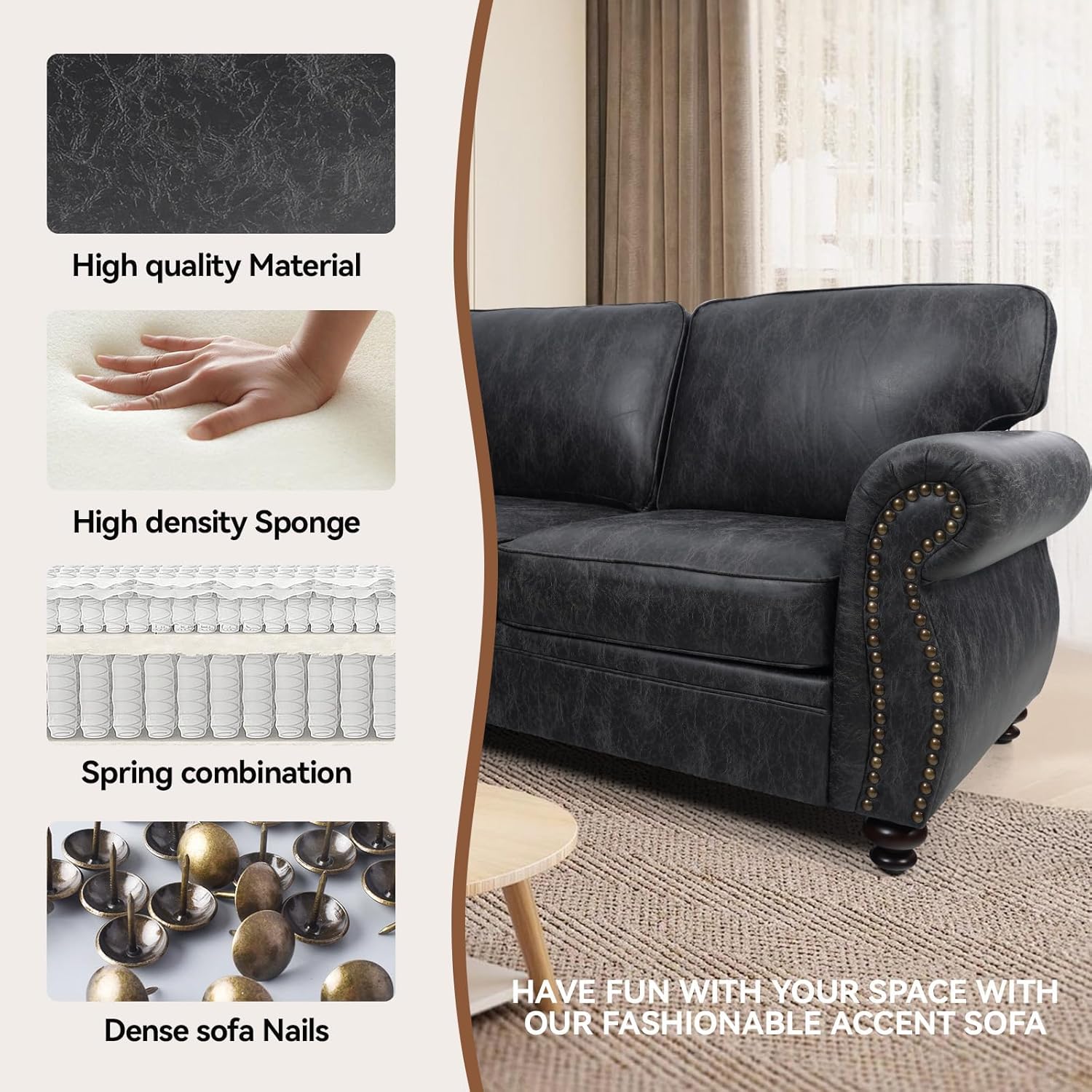 88’’ Rivet Couch,Living Room Sets,Mid-Century Couch, Solid Wooden Frame for Living Room,Upholstered Sofa (Grey, 3 Seats)