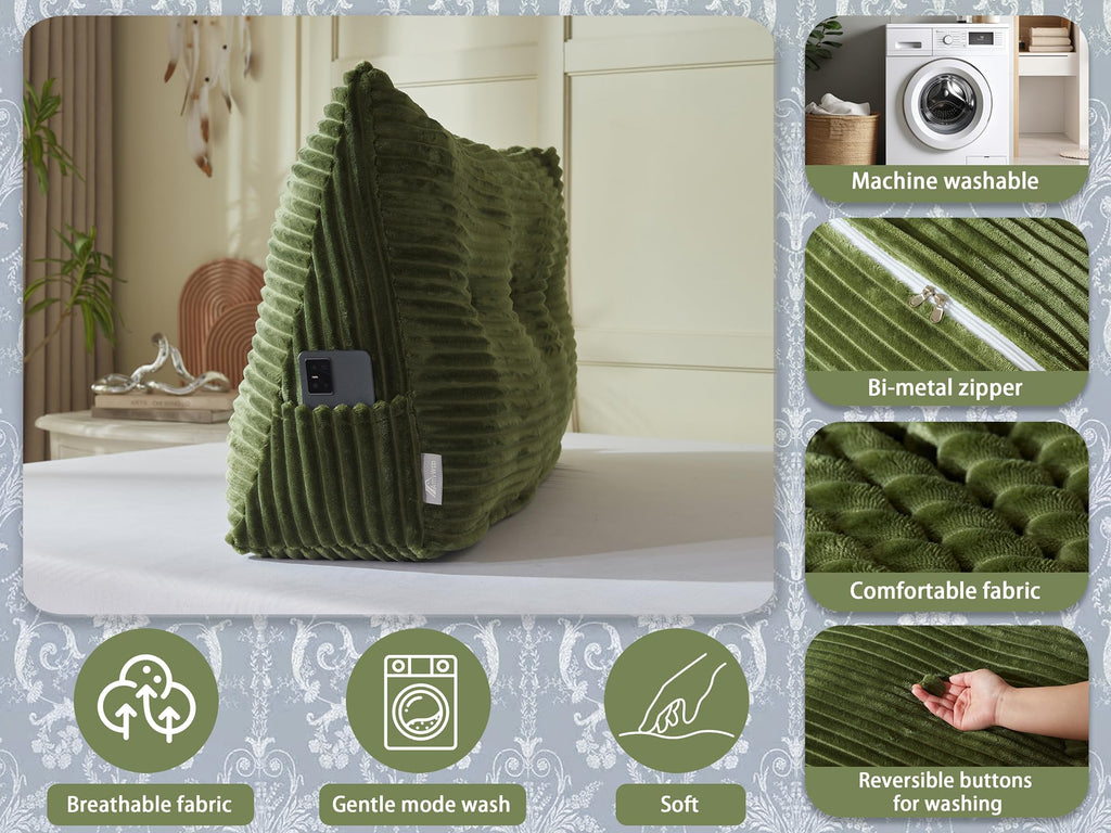 AmyWtb Headboard Wedge Pillow + A Long Neck Roll Pillow Body Pillow，Large Headboard Pillow with Removable Cover (Green, Queen：59x8x20 inches)