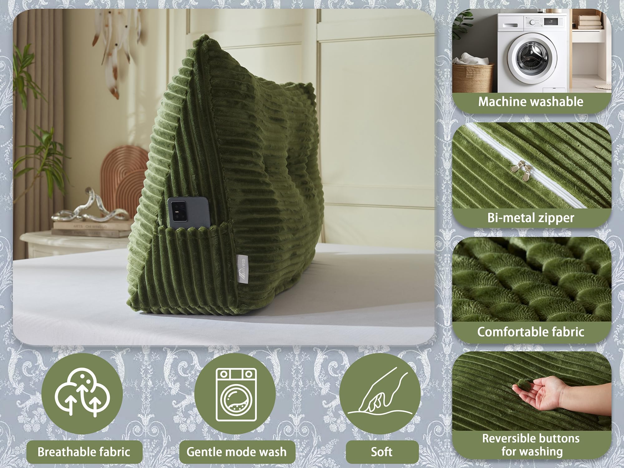 AmyWtb Headboard Wedge Pillow + A Long Neck Roll Pillow Body Pillow，Large Headboard Pillow with Removable Cover (Green, Queen：59x8x20 inches)