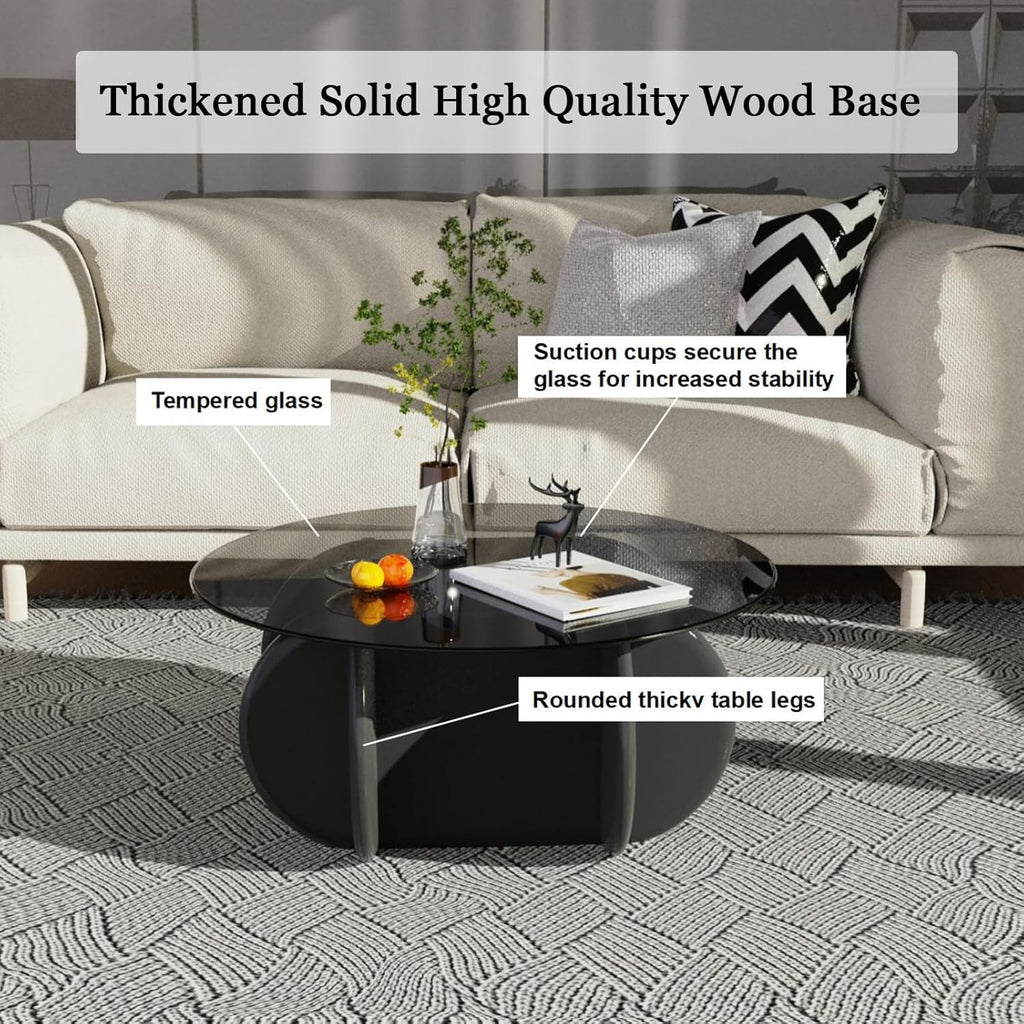 Glass Top Coffee Table Modern Elegant Round Coffee Tables with Solid Wood Legs and Tempered Glass Tabletop for Living Room Home Small Space Reception Office Tables 31.5"