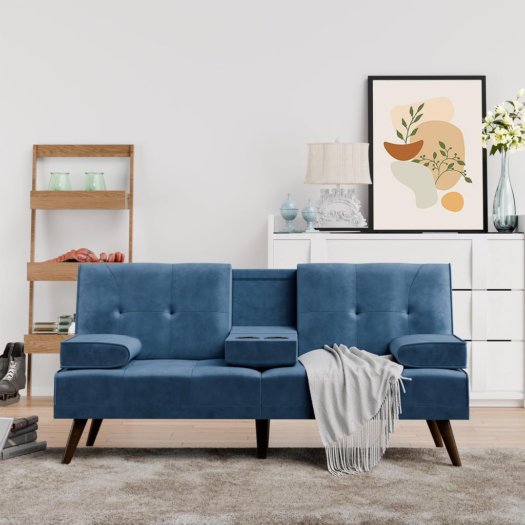 Shintenchi Futon Sofa Bed, Velvet Foldable Couch Reclining Sleeper w/Removable Armrests, Upholstered Loveseat w/Folding Cup Holders for Home, Office, Dark Gray
