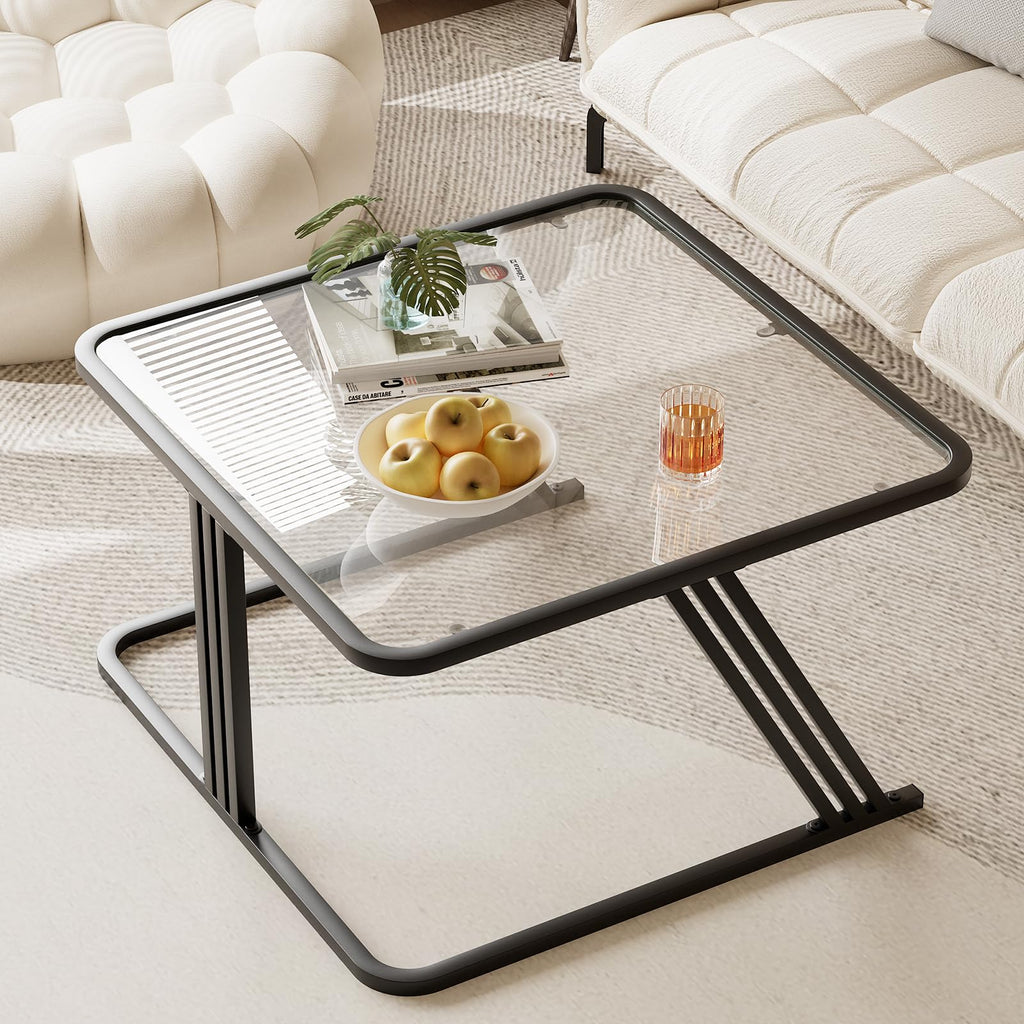 Coffee Table Glass, Minimalist Square Tables for Living Room, Modern Center Table for Office or Small Space, Tempered Glass, Sturdy Metal Frame, Easy Assembly, 26.4 x 26.4 x 15.7 Inches, Gold