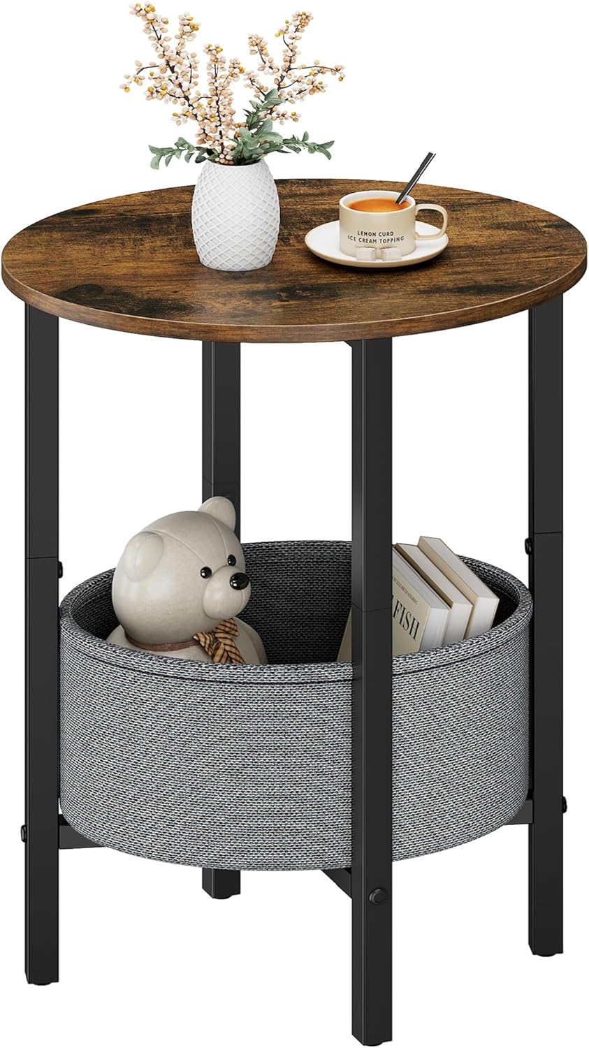 Vagusicc Round Side Table End Table with Storage Basket, Small Side Table Round Nightstand for Small Spaces, Tall Oval End Table with Steel Frame, Coffee Bedside Table for Living Room, Rustic Brown