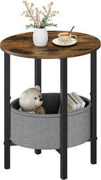 Vagusicc Round Side Table End Table with Storage Basket, Small Side Table Round Nightstand for Small Spaces, Tall Oval End Table with Steel Frame, Coffee Bedside Table for Living Room, Rustic Brown