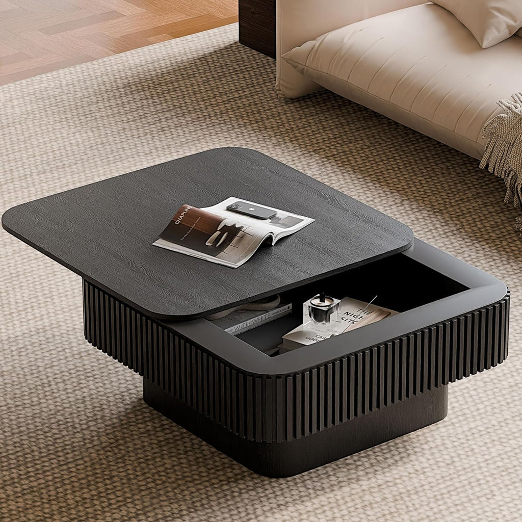 Lift Top Coffee Table with Storage for Living Room Mid Century Modern Coffee Table with Lifting Top Wood Fluted Coffee Tables with Lifts Up Tabletop for Home Apartment Office 38.6" Walnut Rectangle