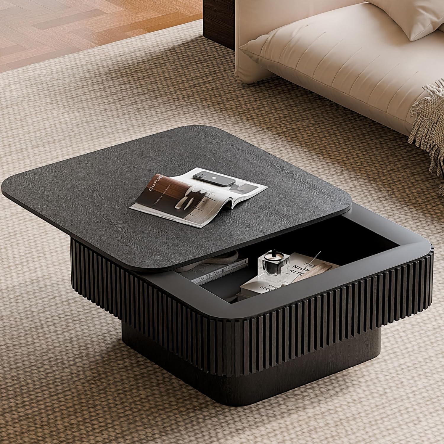 Lift Top Coffee Table with Storage for Living Room Mid Century Modern Coffee Table with Lifting Top Wood Fluted Coffee Tables with Lifts Up Tabletop for Home Apartment Office 38.6" Walnut Rectangle