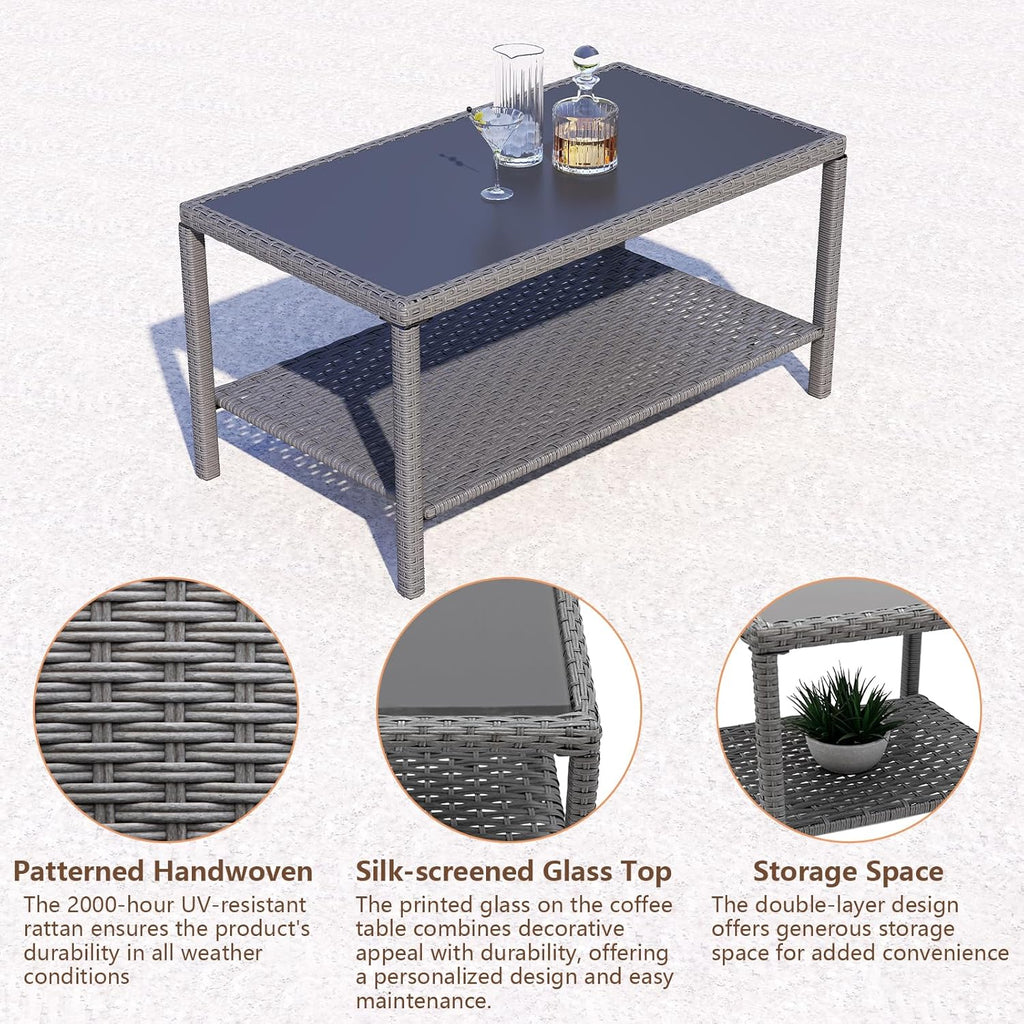 C-Hopetree Small Outdoor Coffee Side End Table for Outside Patio Storage, Gray All Weather Wicker with Glass Top, Rectangle