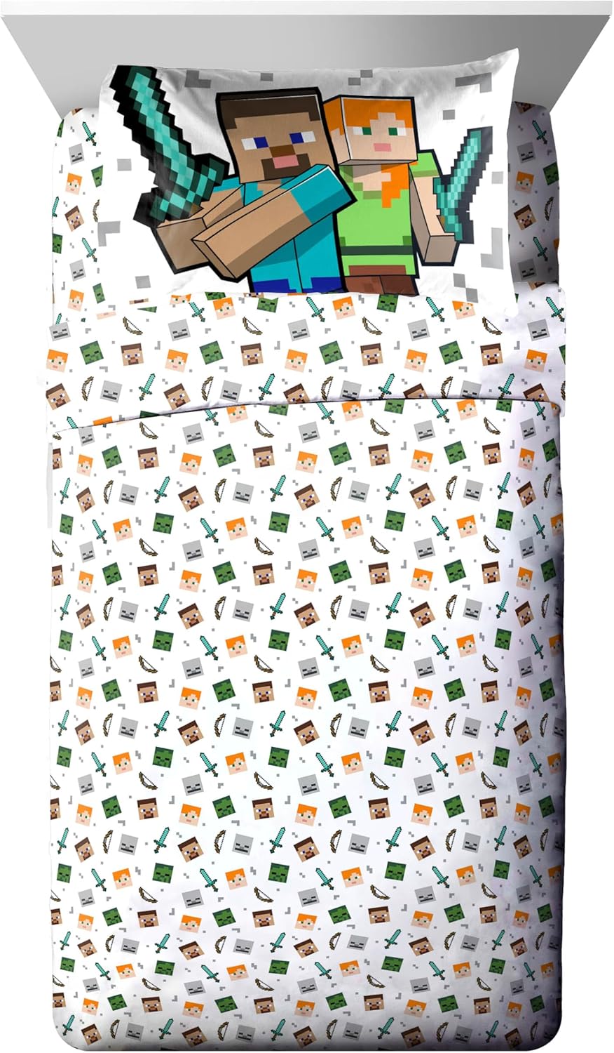 Jay Franco Minecraft Twin Comforter Set - 5 Piece Bedding Includes Sheet Set & Pillow Covers - Super Soft Kids Bedding Features Creeper & Zombie