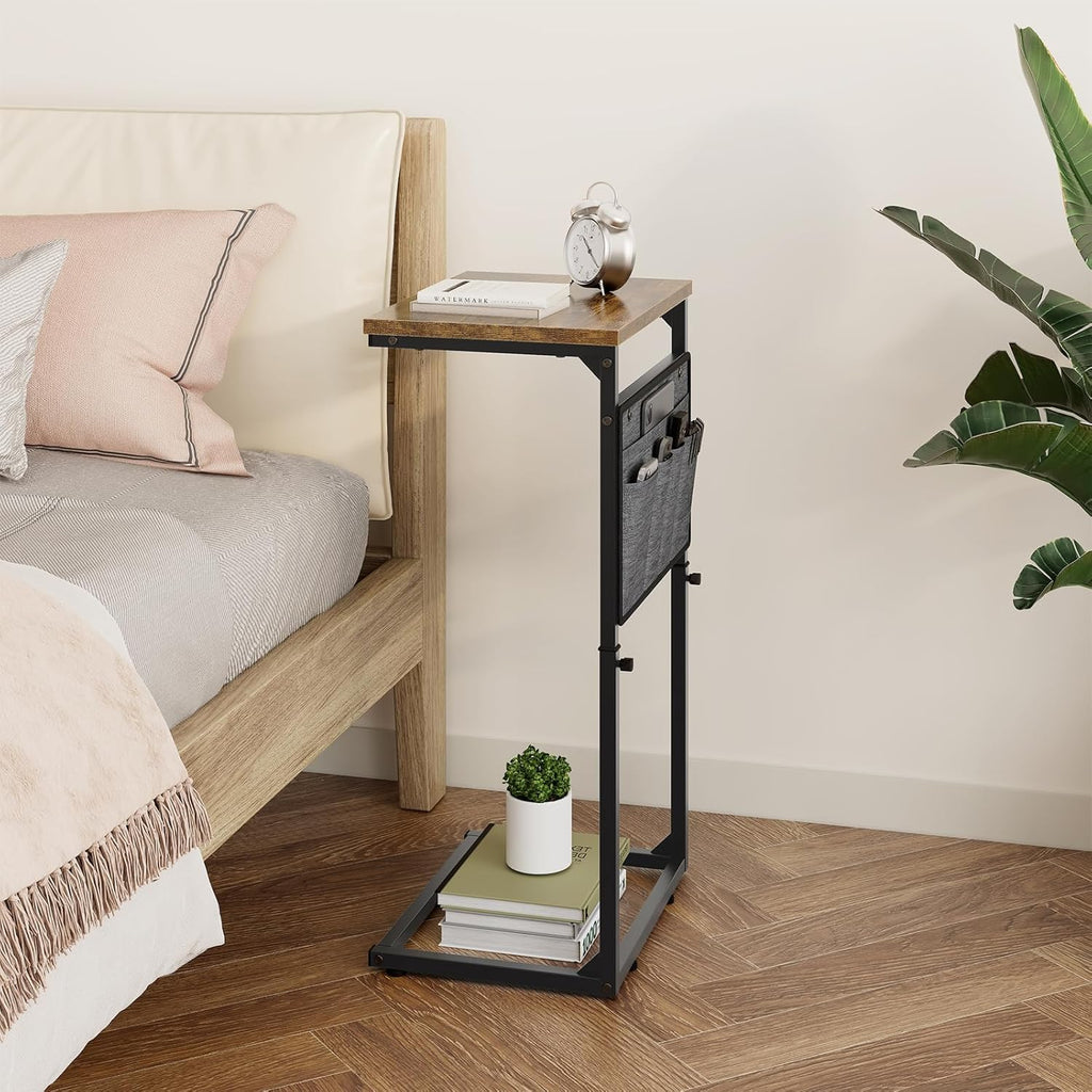 Vagusicc C Shaped End Table, 33'' Tall Side Table for Couch, Adjustable Height Small Couch Side Table for Small Spaces, End Table Slide Under Sofa Table TV Tray Table Arm Table for Living Room, Brown