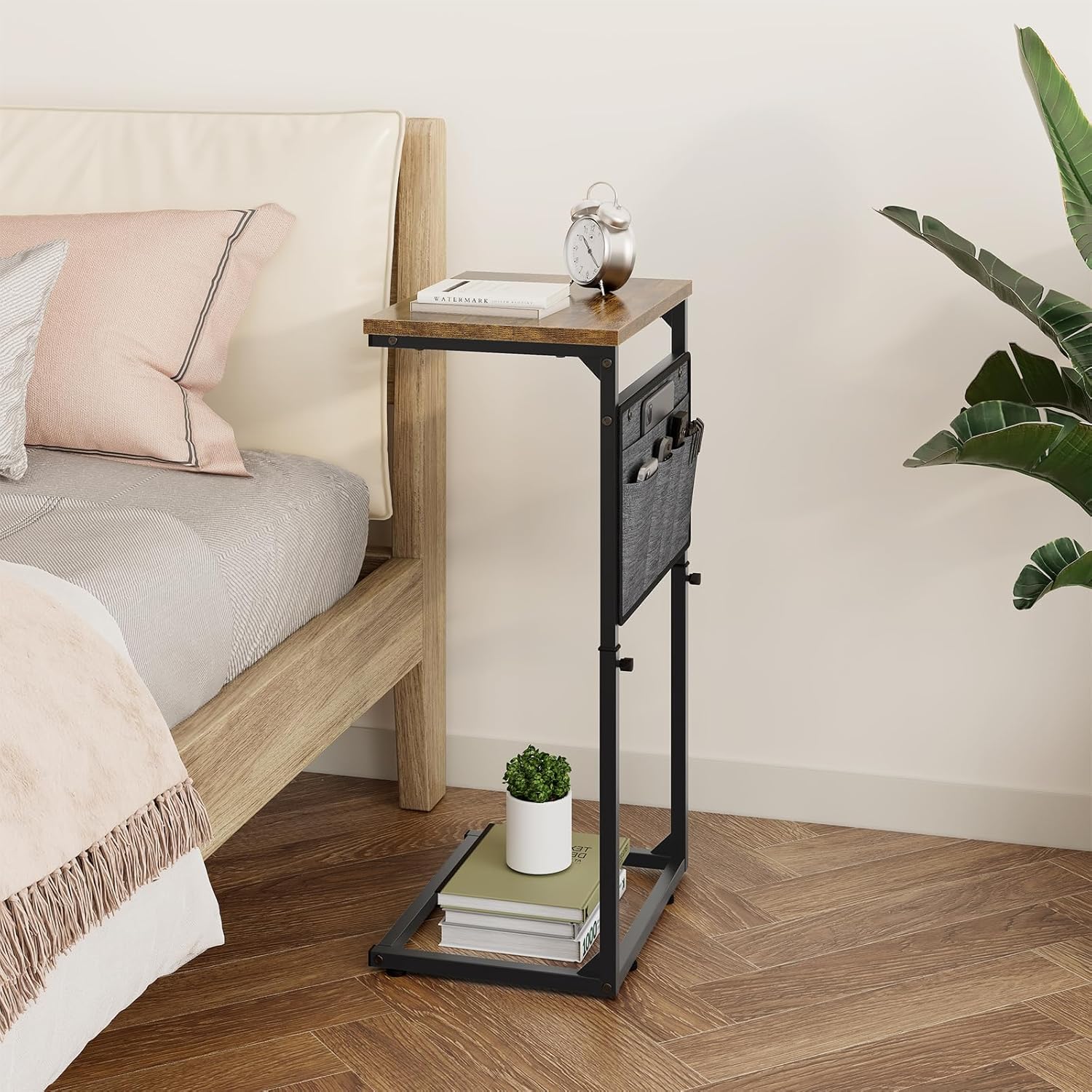 Vagusicc C Shaped End Table, 33'' Tall Side Table for Couch, Adjustable Height Small Couch Side Table for Small Spaces, End Table Slide Under Sofa Table TV Tray Table Arm Table for Living Room, Brown