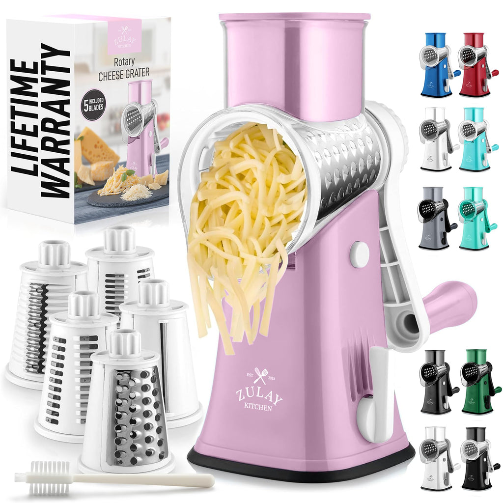 Zulay Rotary Cheese Grater 3 Blade Cheese Shredder - Manual Hand Crank Cheese Grater With Reinforced Suction & 3 Interchangeable Drums - Easy to Use Vegetable Chopper - Black