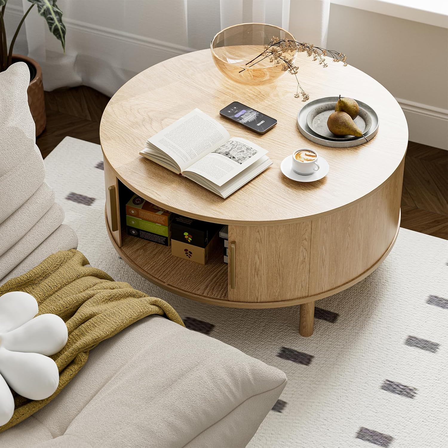 Coffee Table for Living Room, Modern Round Coffee Table with Cabinets & Sliding Doors, Home Small Space, 29.9" Fluted Center Table, Natual