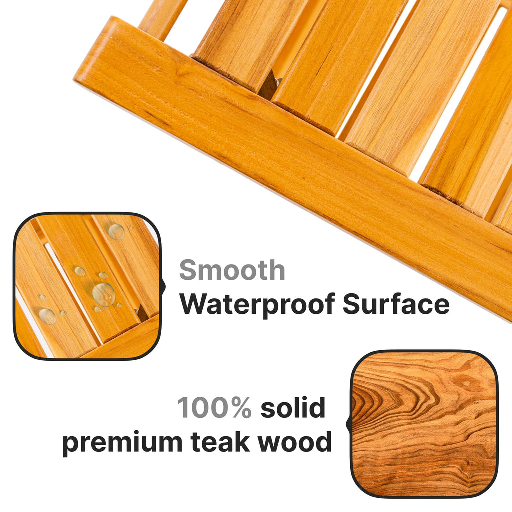 Teak Shower Bench Seat with Handles AB & Co Group, Portable Wooden Shower Bench with Storage Towel Shelf,Waterproof Teak Shower Stool, Spa Bath Shower Chair for Inside Outside Shower