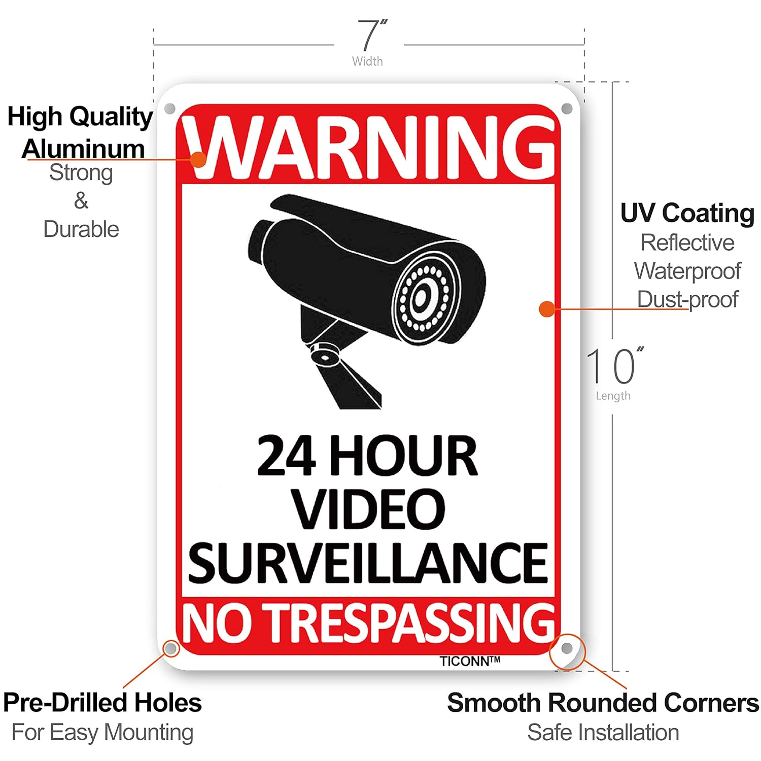 TICONN 2-Pack 24 Hour Video Surveillance Sign, No Trespassing Aluminum Warning Sign, 10’’x7’’ for CCTV Security Camera - Reflective, UV Protected