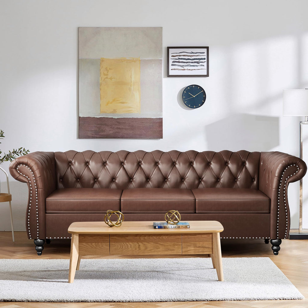 Home Sofa Living Room Furniture, 3 Seater 84" Velvet Upholstered Couch, Mid Century Modern Comfy Couch with Cushions, Classic Tufted Chesterfield Couches for Bedroom, Office, Apartment (Orange)