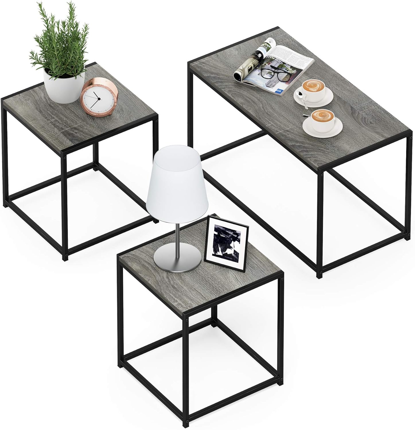 Furinno Camus Modern Living Room Coffee Table with 2 End Tables Set, French Oak Grey