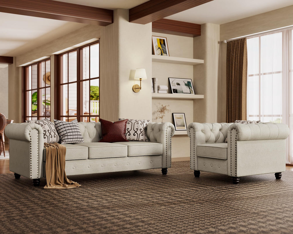 Morden Fort 2 Piece Classic Chesterfield 5-Seater Set, Tufted Loveseat & Sofa Furniture Solid Wood Legs Thick Cushion, Pet-Friendly Couch Set for Living Room Bedroom Apartment, Linen Beige