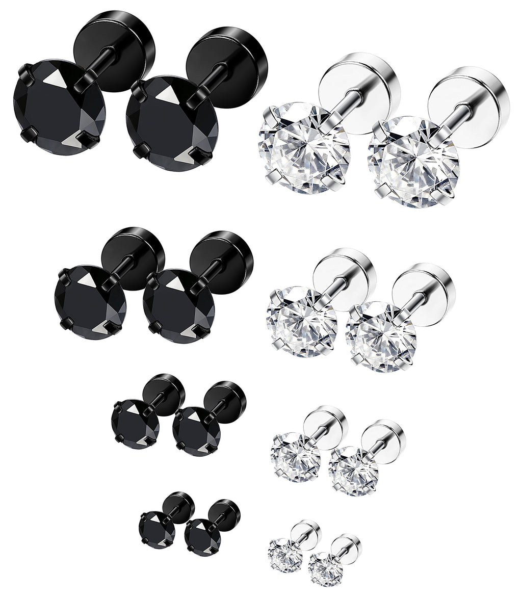 ORAZIO 6Pairs Hypoallergenic Flat Back Earrings 316L Stainless Steel Studs for Sensitive Ears, 3-8mm Cubic Zirconia, Stylish Jewelry for Women Men - Silver