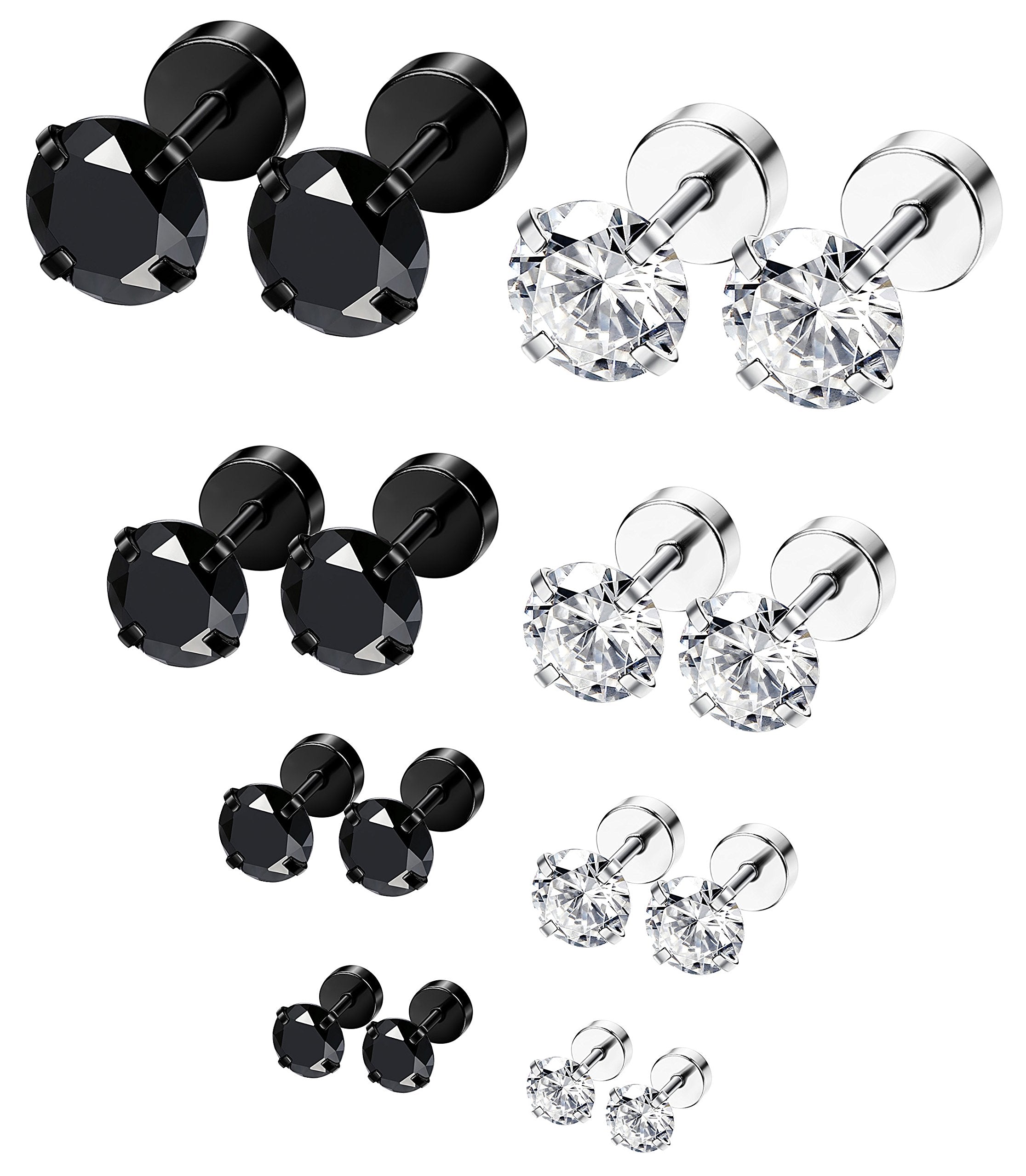 ORAZIO 6Pairs Hypoallergenic Flat Back Earrings 316L Stainless Steel Studs for Sensitive Ears, 3-8mm Cubic Zirconia, Stylish Jewelry for Women Men - Silver
