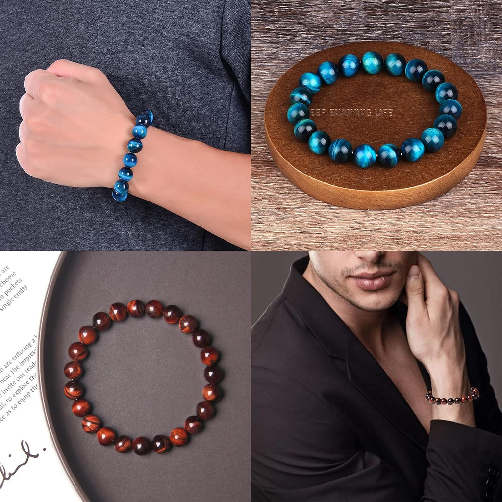 SONNYX 10PCS Tiger Eye Bracelet For Men 8MM Natural Stone Beads Bracelet Set Stretch Lava Rock Bracelets Adjustable Black Crystal Beaded Bracelet for Men Women