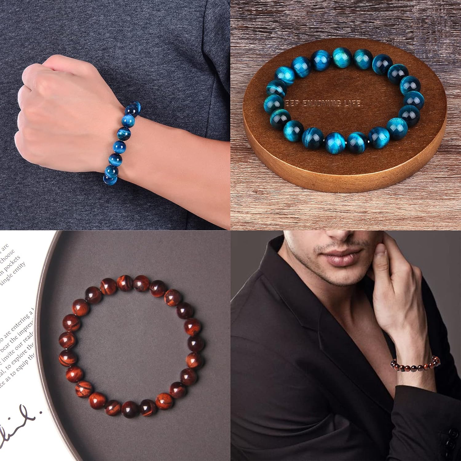 SONNYX 10PCS Tiger Eye Bracelet For Men 8MM Natural Stone Beads Bracelet Set Stretch Lava Rock Bracelets Adjustable Black Crystal Beaded Bracelet for Men Women
