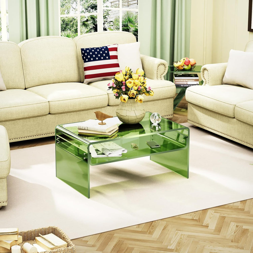 Acrylic Coffee Table for Living Room Clear Rectangle Lucite Table with Open Storage Shelf (1, Green, Large)