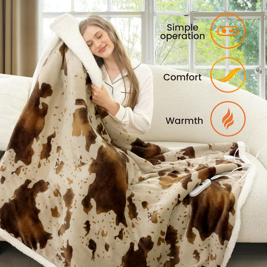 Heated Throw Blanket Electric Blanket - Heating Blanket Throw with 5 Heat Levels & 4 Hours Auto-Off, Cozy Soft Fleece Sherpa Blanket, Washable, Fast Heating, 50 x 60 Inches, Cow Print