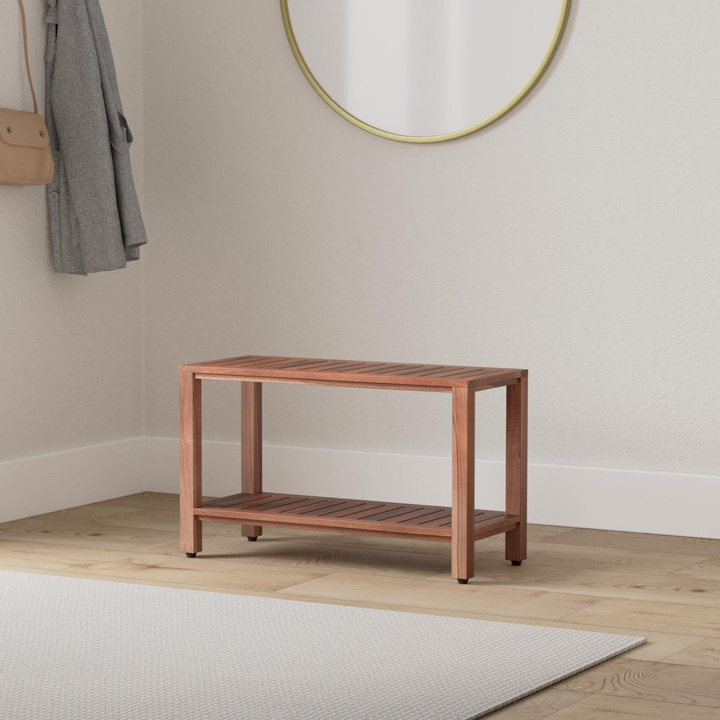 TeakCraft Teak Shower Bench with Shelf 30 Inch for Bathroom, Spa - Fully Assembled, Shower Stool, The Freya