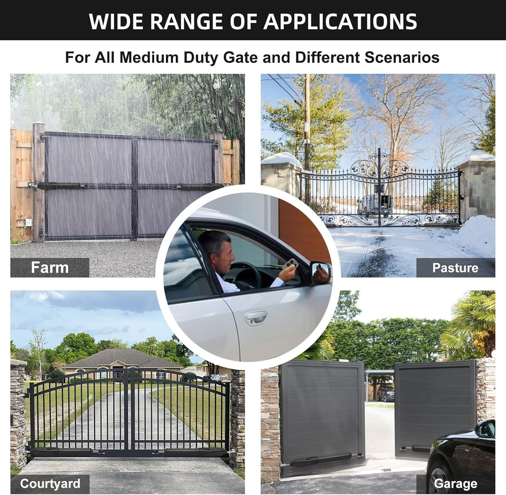 JUJIANG C026 Solar Gate Opener with Batteries & Solar Panel for Dual Swing Gates Up to 1540lb Automatic Gate Opener with Remote Complete Kit Medium Duty Electric Gate Opener Solar Powered 60W Motor