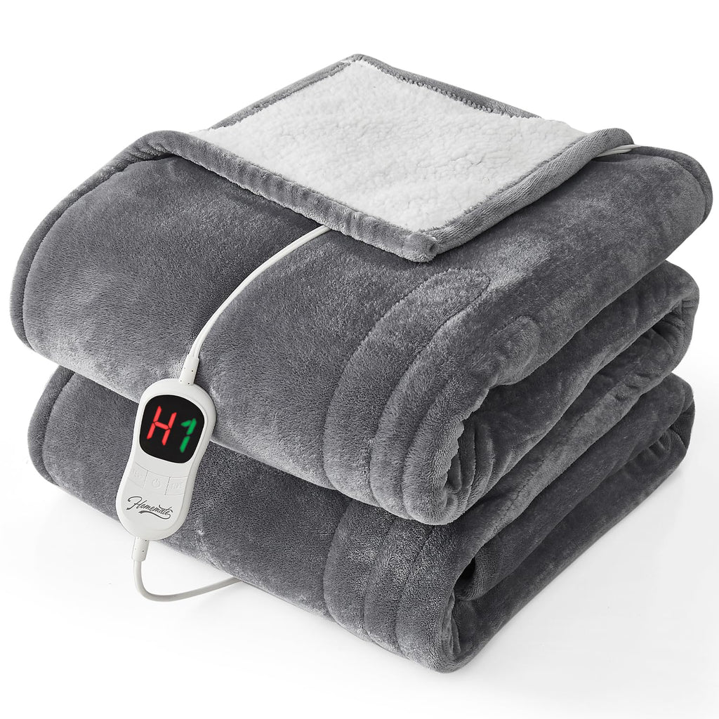 Homemate Heated Electric Blanket Queen Size - 84"x90" Heating Bed Blanket Throw with 10 Heating Levels 8 Hours Auto Off Fast Heating Over-Heat Protection Ultra Soft Flannel ETL Certified, Grey