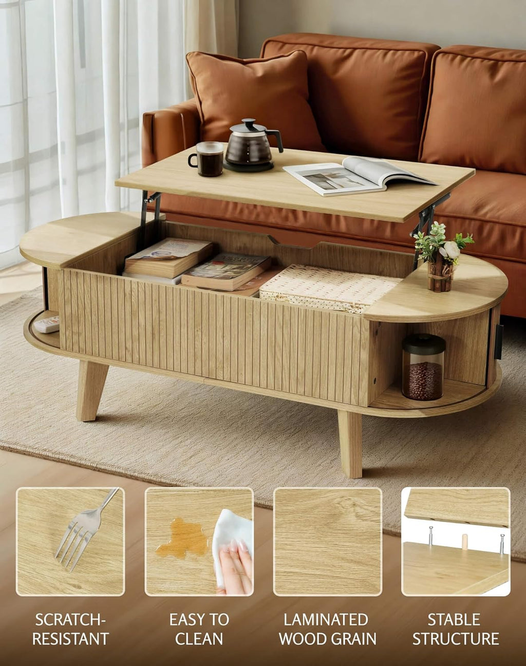 Oval Coffee Table with Storage, 47.2" Lift Top Coffee Table for Living Room, Modern Wood Fluted Center Table with 180° Sliding Tambour Door, Natural
