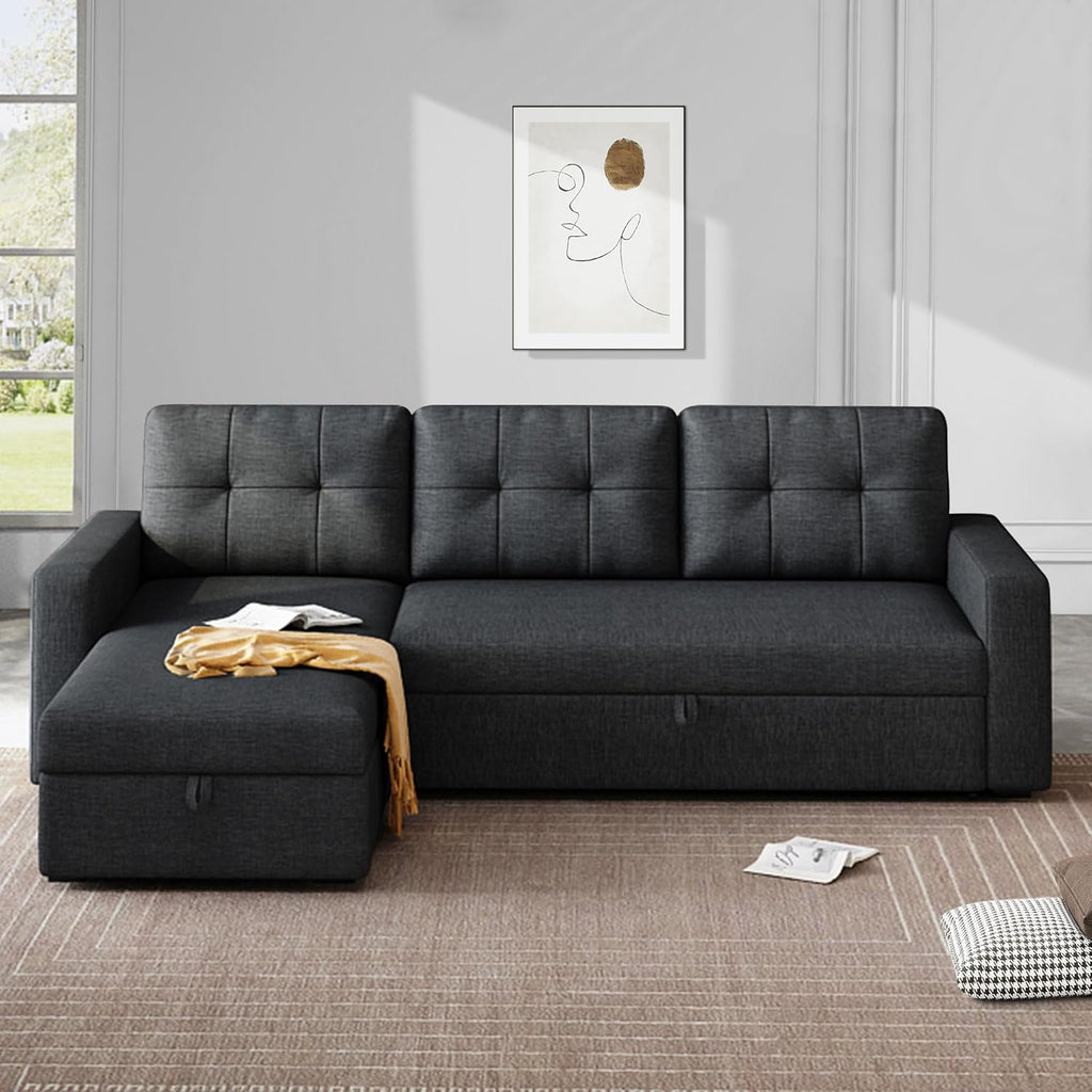 Upholstered Sleeper Sofa, L Shaped Sectional Couch with Reversible Storage, Convertible Corner Lounge Couches w/Pull Out Sofabed for Living Room, Apartment,Dark Grey
