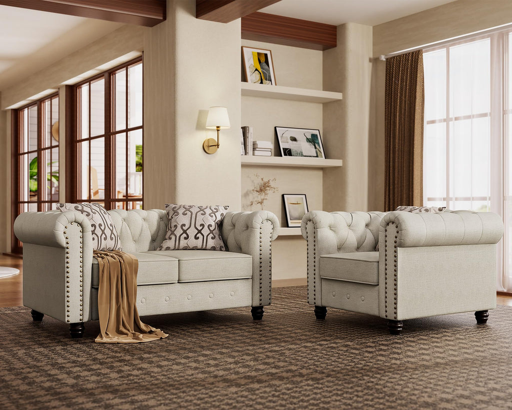 Morden Fort Classic Chesterfield Sofa Set 82'', Tufted Sofa Couch Set with Solid Wood Legs Thick Cushion, Pet-Friendly 3-Seater Sofas Couches for Living Room Bedroom Apartment - Velvet Beige