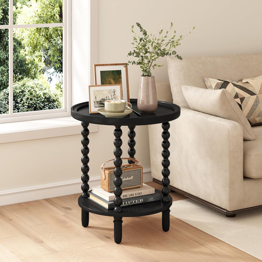Gadroad Round End Table with Storage Shelf, 2 Tier Couch Side Table, Wood Coffee Table for Living Room, Bedroom, Black 19.3 * 19.3 * 25.6 inches