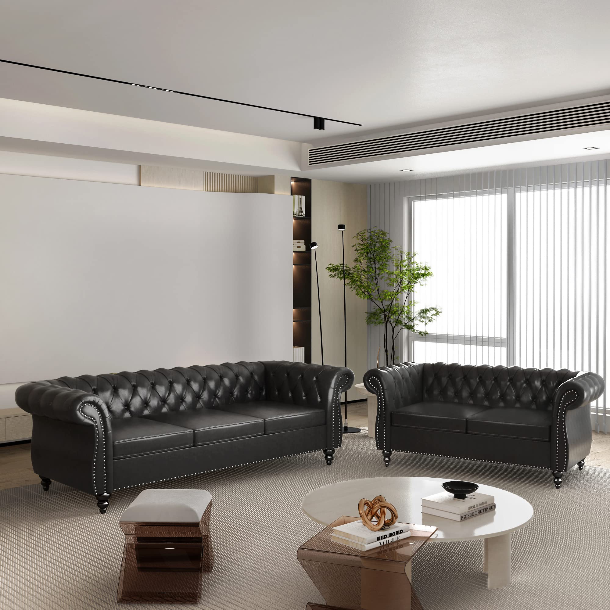 2 Piece Living Room Set, Chesterfield Leather Sofa Couch Chair with Scroll Arms and Nailhead for Living Room, Office (Dark Brown)