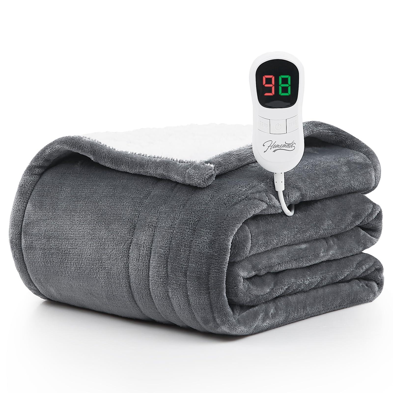 Homemate Electric Heated Blanket Queen - 84"x90" Heating Blanket Queen Size Dual Control 1/2/4/6/8 Hours Auto-Off 10 Heat Level Heat Blanket Over-Heat Protection Flannel Sherpa ETL Certification