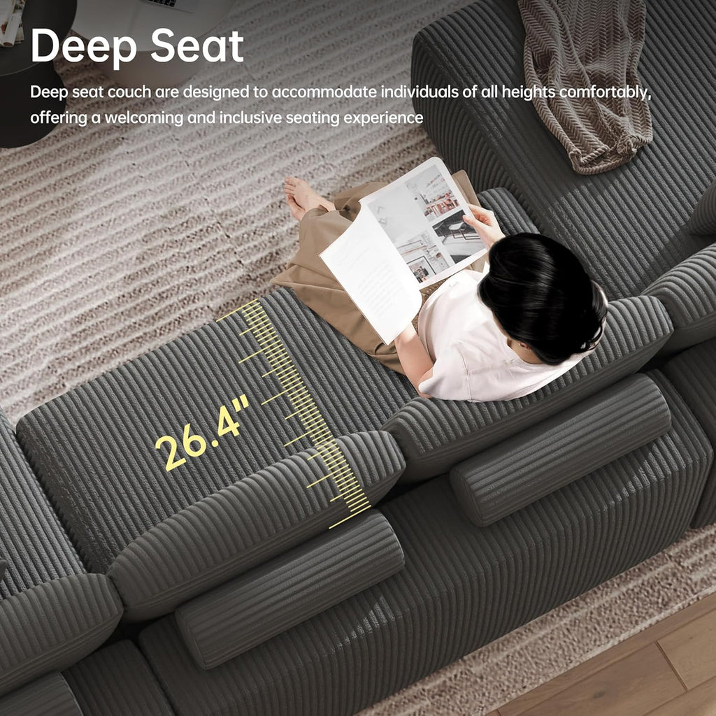 DURASPACE Cloud Sectional Couches for Living Room, Modular U-Shaped Sofa with Deep Seat, Corduroy Sleeper Sofa Bed with Memory Foam, No Assembly Required (Gray)
