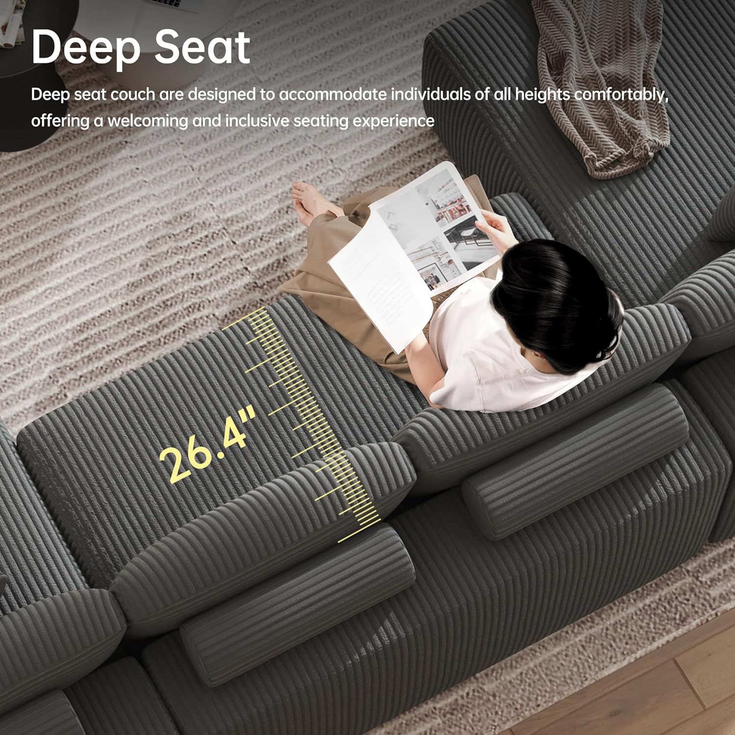 DURASPACE Cloud Sectional Couches for Living Room, Modular U-Shaped Sofa with Deep Seat, Corduroy Sleeper Sofa Bed with Memory Foam, No Assembly Required (Gray)