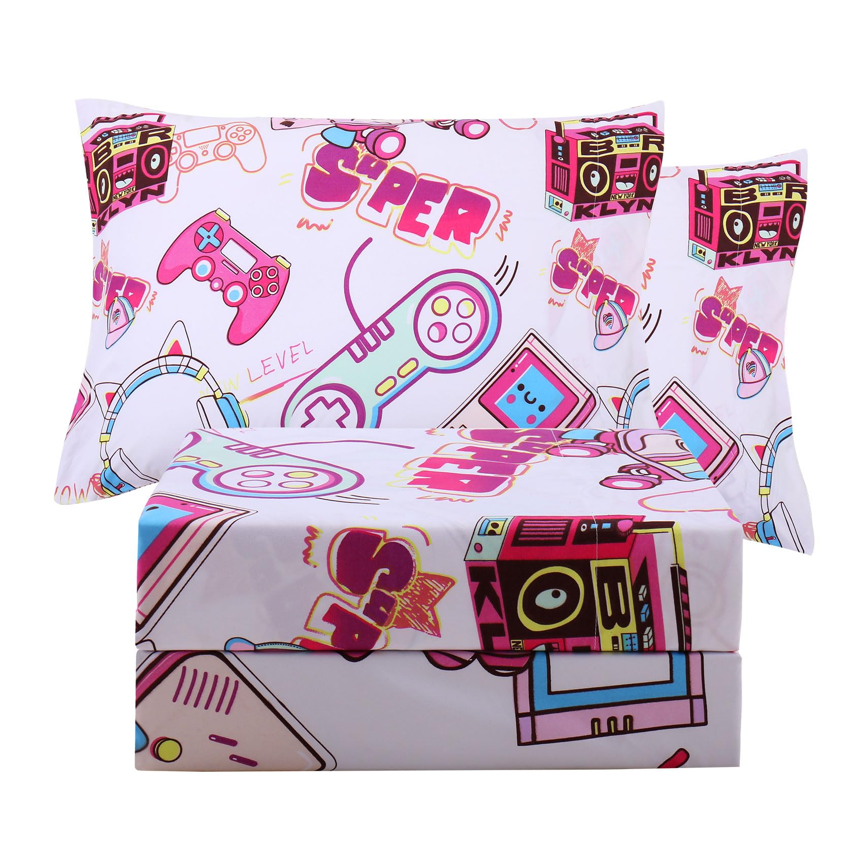 ست ملحفه کودکان یونیکورن صورتی JSD، سایز تویین، ۳ تکه، ملحفه‌های رختخواب میکروفایبر چاپ شده با طرح رنگین کمان برای دختران، جیب عمیق