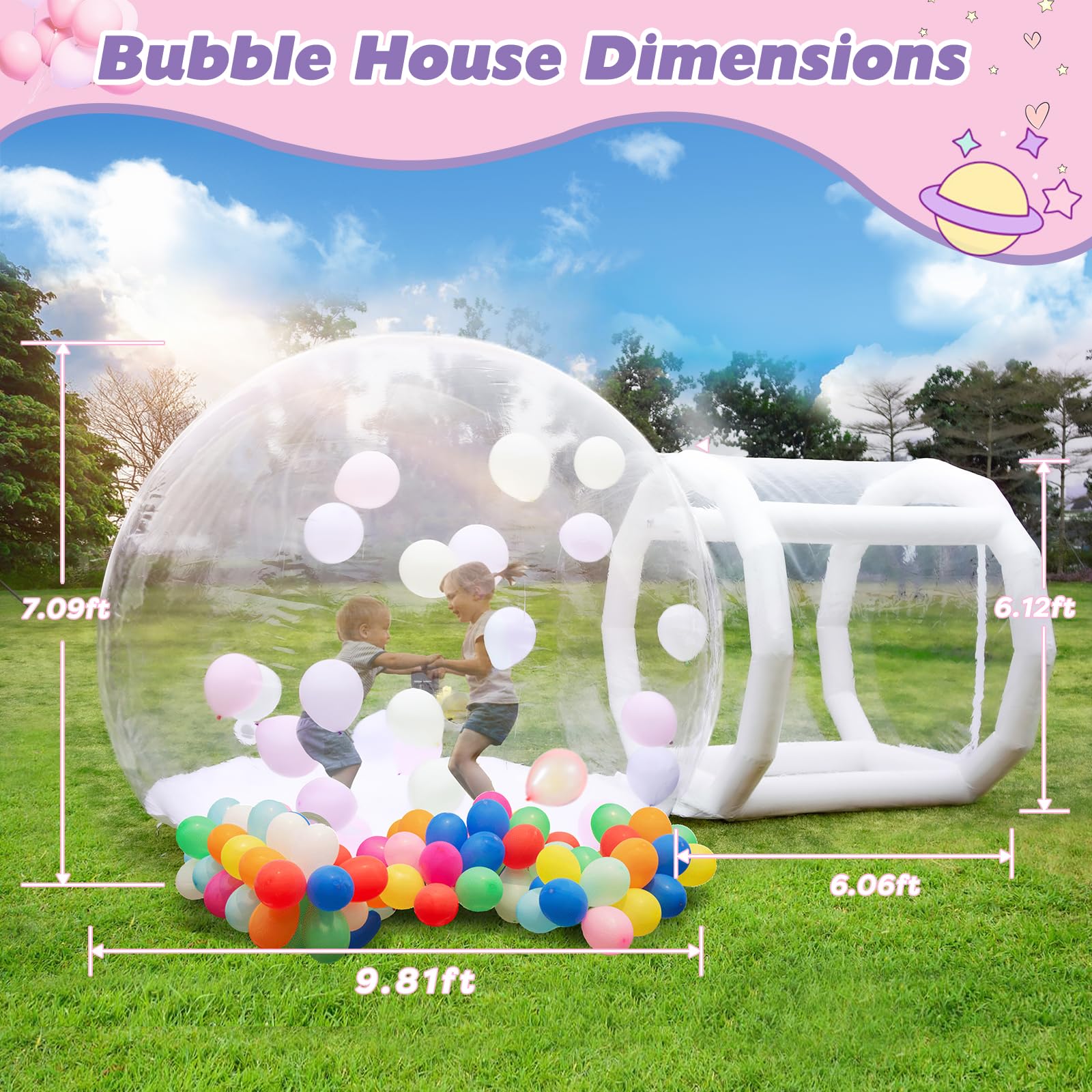 10FT Inflatable Bubble House Dome for Kids, Clear PVC Inflatable Bubble House Tent with Tunnel, Bubble Balloon House with 750W Air Blower, 600W Air Pump Inflatable Dome for Party (Clear, 10FT)