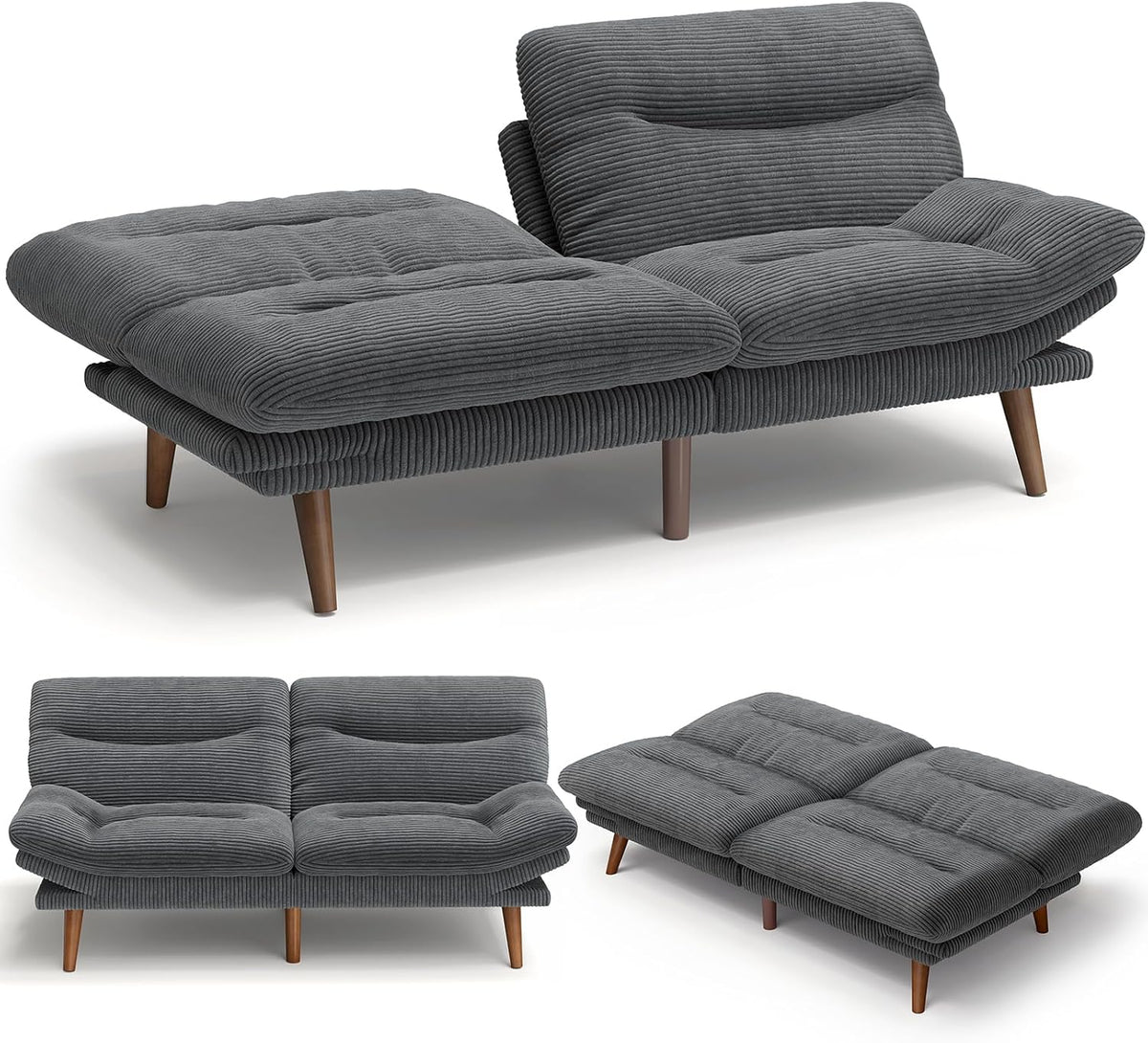AMADA HOMEFURNISHING ,75″ Convertible Futon Sofa Bed,Loveseat with Adjustable Backrest & Armrests,Folding Futon Sleeper Recliner for Apartment, Living Room or Office, Corduroy Fabric,Grey